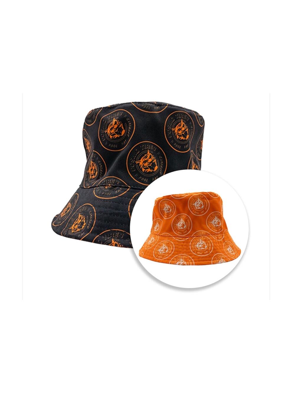 Cosmo Tires reversible bucket hat an all-over white logo print orange base NEW